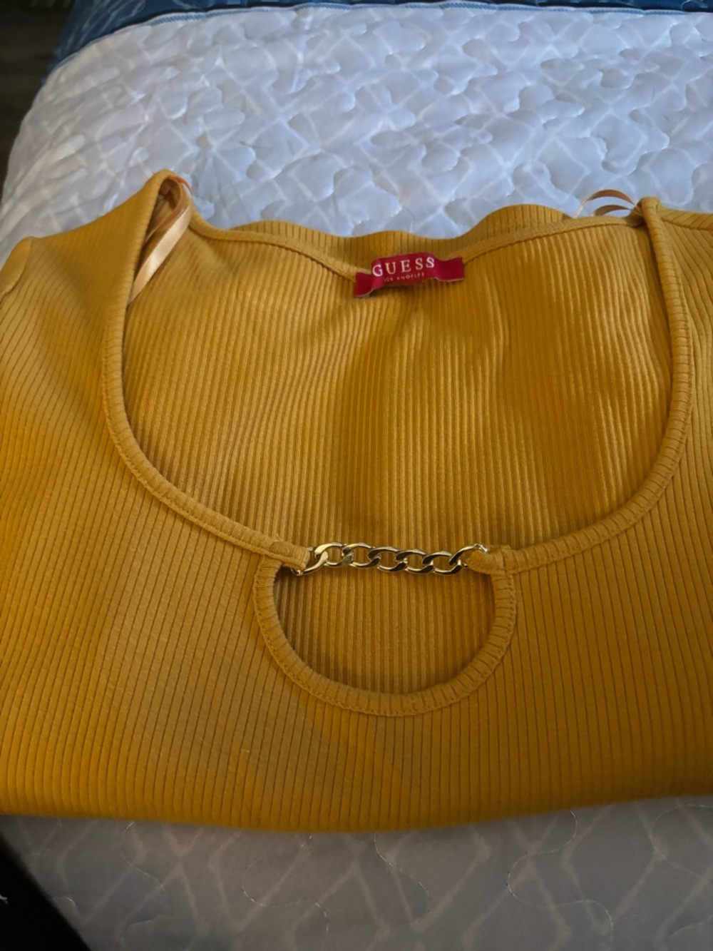 GUESS Mustard Yellow Ribbed Tank with Gold Chain Detail